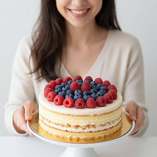 Photograph of a smiling woman with long dark hair, wearing a white V-neck sweater, holding a layered cake topped with red raspberries and blueberries