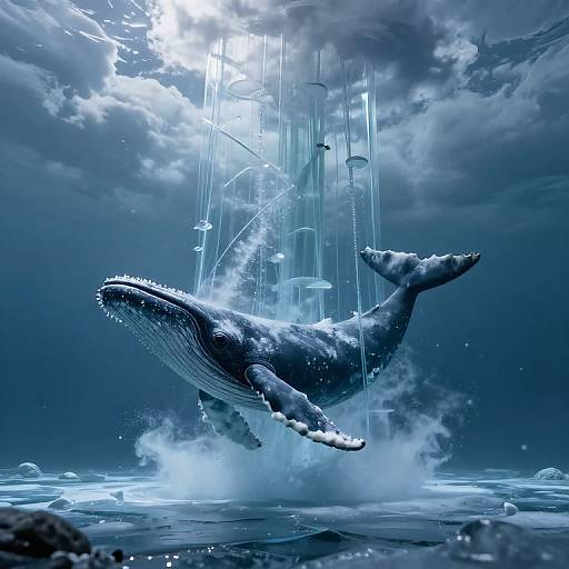 Digital artwork of a massive blue whale leaping through icy waters, surrounded by cascading waterfalls and illuminated by sunlight filtering through cloudy sky.