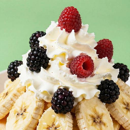 Photograph of a waffle topped with whipped cream, blackberries, raspberries, and banana slices against a light green background.