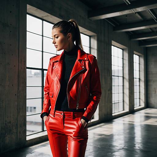 Model in Red Leather Outfit in Loft