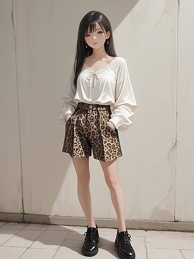 Anime-style photograph of a young woman with long black hair, wearing a white blouse, leopard print shorts, and black sneakers, standing in bright sunlight against