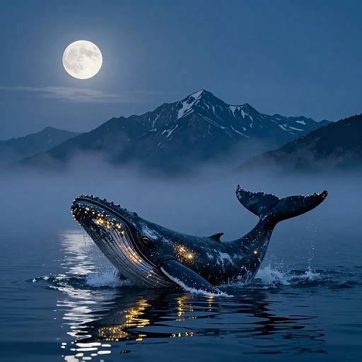 Photograph of a bioluminescent whale breaching in a moonlit ocean, with mist-covered mountains and a bright full moon in the background.