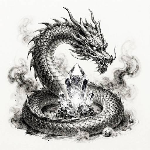 Mythical Dragon Coiled Around Crystal