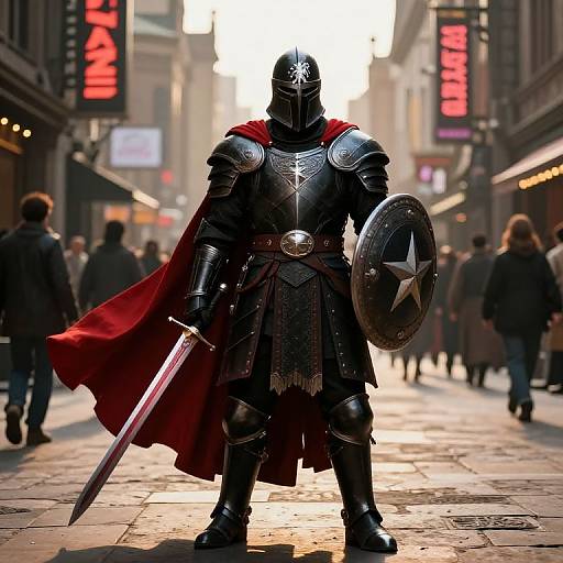 Seasoned Black-Armored Warrior in City