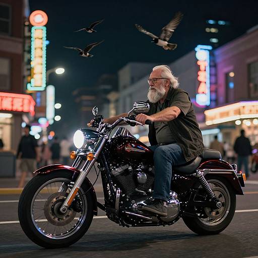 Elderly Man Riding Harley in Neon City