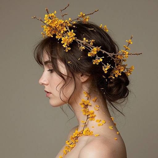 Photograph of a fair-skinned woman in profile, wearing a crown of yellow cherry blossoms in her dark, wavy hair against a plain gray