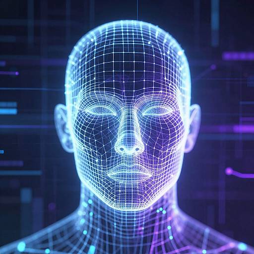 Neon blue wireframe 3D head with glowing grid lines, closed eyes, and neutral expression, set against a dark, digital background.
