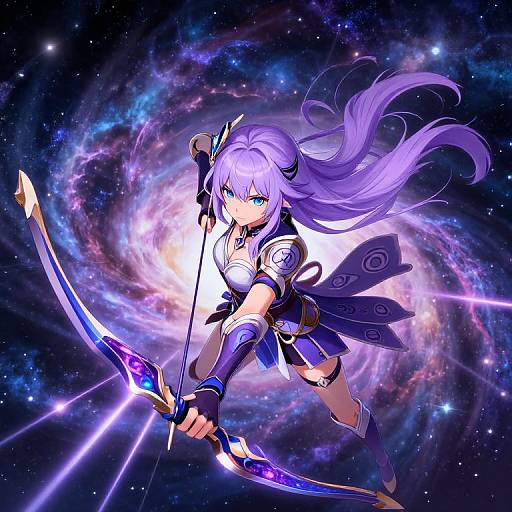Digital anime artwork of a purple-haired warrior archer with blue eyes, wearing armor and a skirt, drawing a glowing bow in a cosmic galaxy background.
