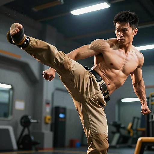 Photograph of a muscular, shirtless Asian man performing a high kick in a dimly lit gym, wearing beige pants and black belt.