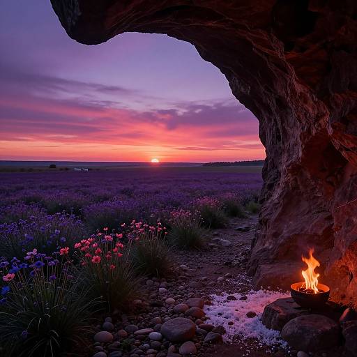 Photograph of a twilight landscape through a rocky arch, with a small campfire illuminating purple flowers and a vibrant sunset sky.