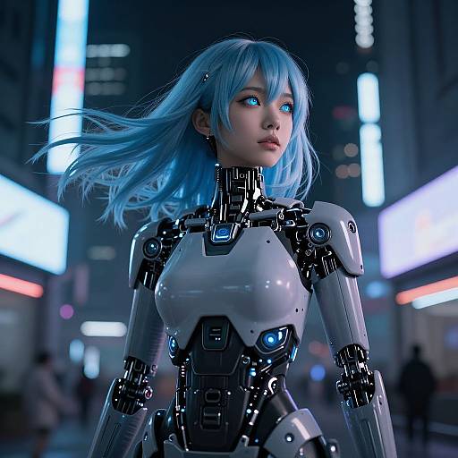 Cyberpunk CGI of a blue-haired woman with glowing blue eyes, wearing a sleek, white and black robotic armor in a neon-lit city street