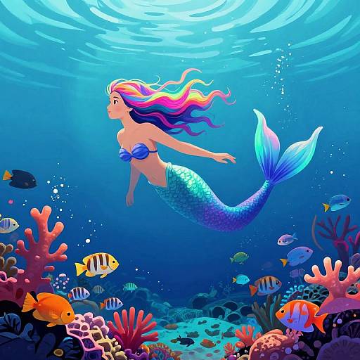Vibrant digital illustration of a colorful mermaid with a blue-green tail, flowing pink, purple, and yellow hair, swimming amidst a lively underwater