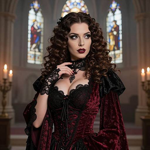 Photograph-style digital art of a dark-haired woman with curly locks, wearing a red velvet corset with black lace, standing in a dimly lit