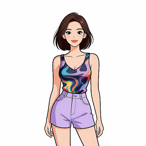 Digital anime-style drawing of a smiling young woman with short brown hair, wearing a colorful abstract tank top and lavender high-waisted shorts, standing against