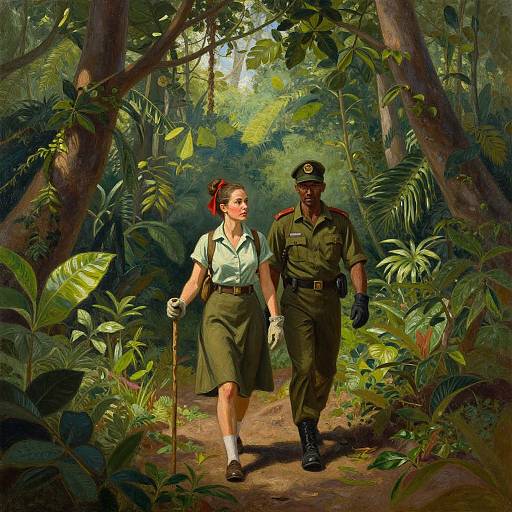 Digital painting of a lush jungle: a young woman in a green uniform and red hairband, cane in hand, walks beside a black-gloved