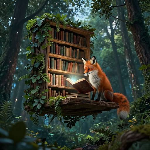 Photograph-style digital artwork of a red fox reading a glowing book from a wooden, leaf-covered bookshelf in a lush, enchanted forest.