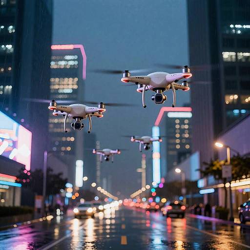 Photograph of four white drones flying in a neon-lit, rainy urban street at dusk, with blurred city lights reflecting off the wet pavement.