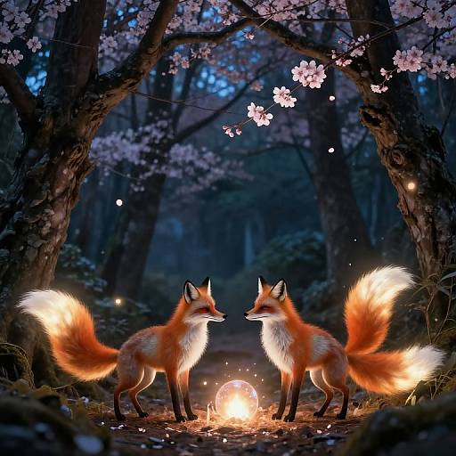 Digital painting of two glowing red foxes with fluffy tails, standing under cherry blossoms at night, illuminating a glowing orb.