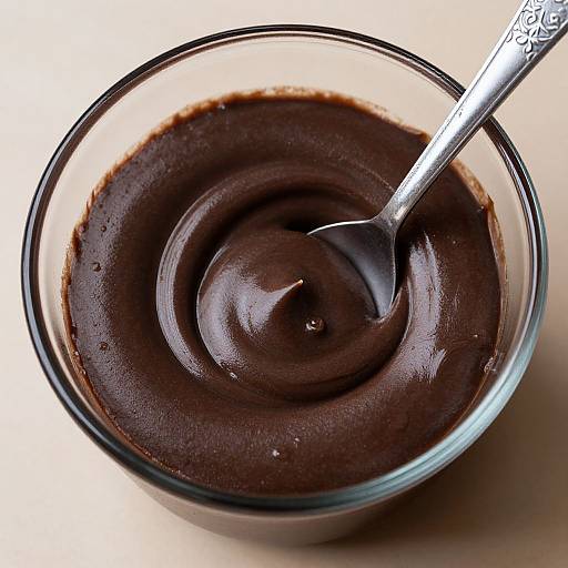 Photograph of a glass bowl filled with smooth, rich, dark chocolate batter, with a silver spoon resting in the center.
