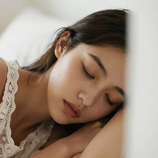 Photograph of an Asian woman with long dark hair, closed eyes, and peaceful expression, sleeping on a white lace-trimmed garment. Soft lighting