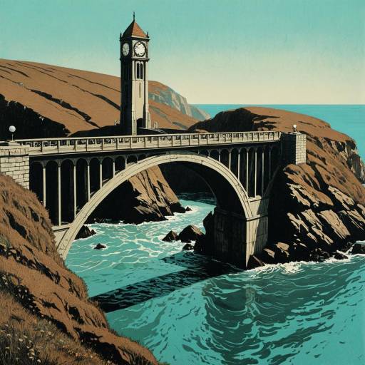 Surreal Old Bridge with Clock Tower Over Cliffs