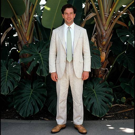 Photograph of a man with dark hair in a white suit, white shirt, and light green tie, standing in front of tropical plants. He wears