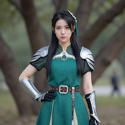 Photograph of an Asian woman in green medieval armor with silver shoulder plates, black gloves, and long black hair, standing in a forest. Blurred