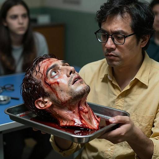 Man Holding Bloodied Severed Head Prop
