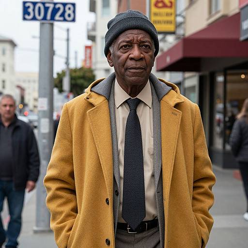 Photograph of an elderly Black man in a mustard coat, gray beanie, black tie, and white shirt, standing on a bustling city street.