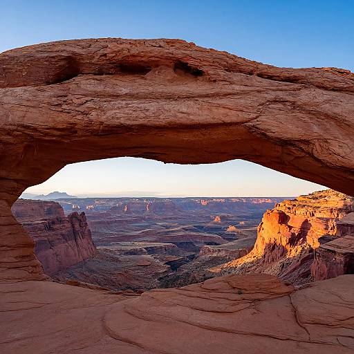 Photograph of a natural rock arch framing a vivid sunset over a vast, rugged desert canyon landscape with deep reds and oranges.