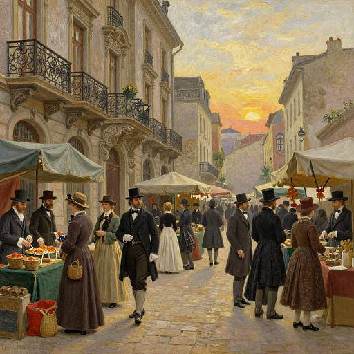 Victorian-era market street at sunset, painted in realistic style. Men in top hats, women in long dresses, browsing stalls with fruits and goods,