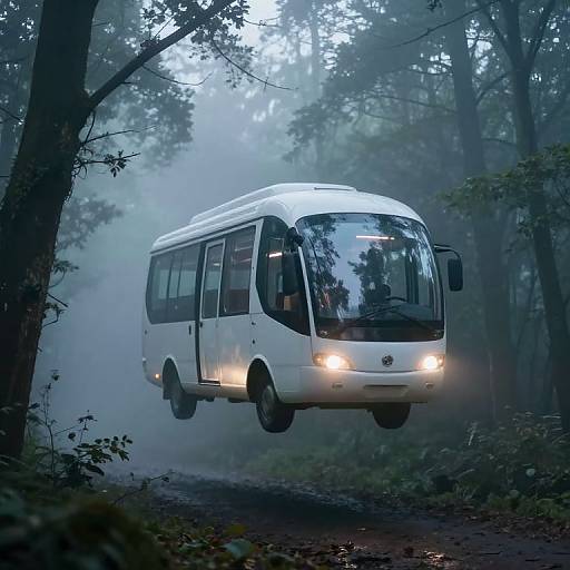 Photograph of a white, modern bus suspended mid-air in a misty, dense forest, with its headlights on, surrounded by tall trees and fog