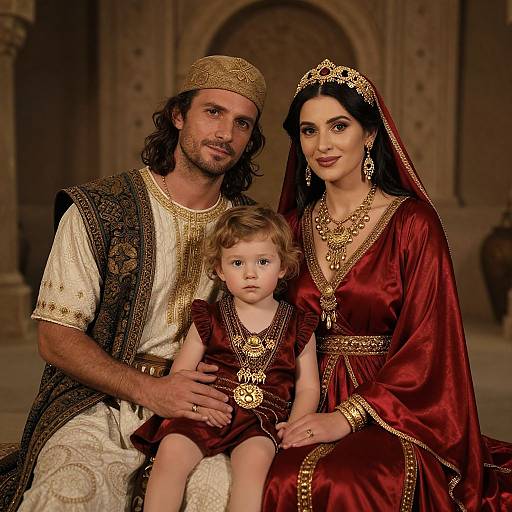 Photograph of a bearded man, dark-haired woman, and blonde toddler in ancient Roman-inspired attire with gold embroidery, sitting in a grand, stone