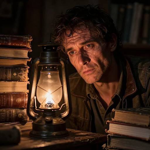 Photograph of a rugged, disheveled man with wavy hair, illuminated by a vintage lantern, surrounded by stacked, aged books in a dim