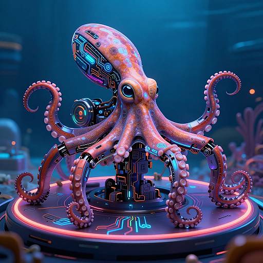Digital artwork of a glowing, cybernetic octopus with neon patterns on its tentacles, set against a futuristic underwater backdrop.