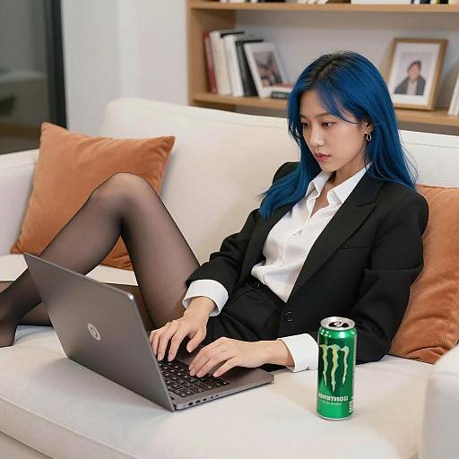 Blue-Haired Woman Working on Bed