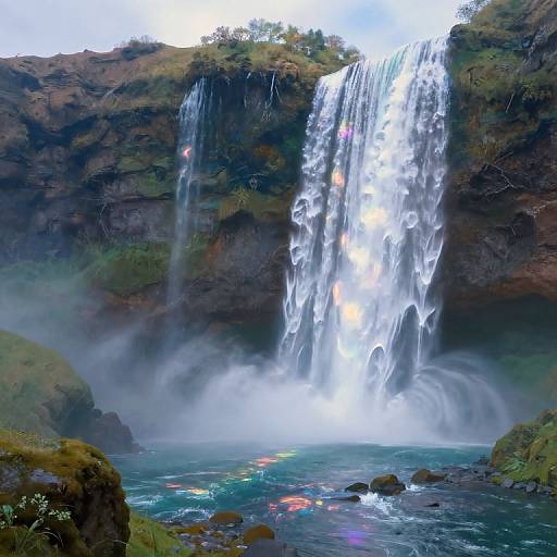 Photograph of a tall, multi-tiered waterfall cascading over dark, moss-covered rocks into a misty, turquoise pool, with sunlight reflecting off