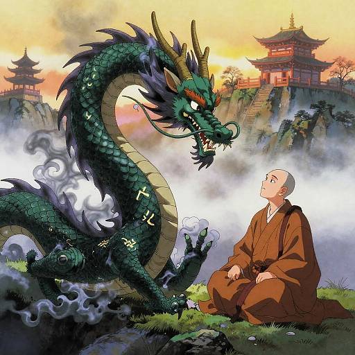 Wise Dragon Meets Monk at Dawn