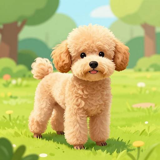 Cute, fluffy, beige poodle puppy with curly fur stands in a bright, sunny, green grassy field with blurred trees in the background.