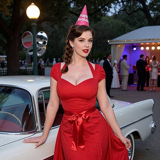 Photograph of a fair-skinned woman with red lipstick, wearing a red dress, and a 