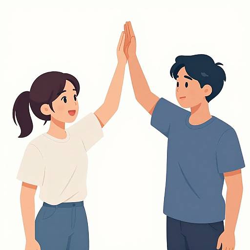 Digital illustration of a smiling couple with light skin, dark brown hair, and casual clothes, high-fiving against a white background.