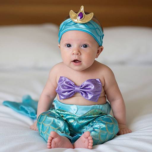 Photograph of a baby with fair skin, wearing a turquoise headband, purple bow, and matching shiny pants, topped with a golden crown, sitting