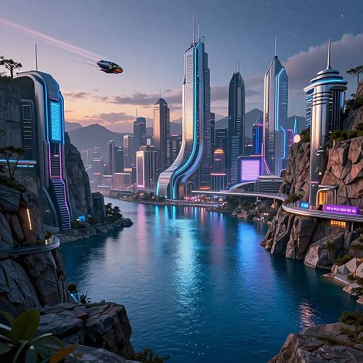 Futuristic Cliffside City by Lake