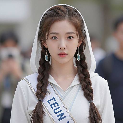 Photograph of an Asian woman with long black braids, wearing a white hooded robe with 