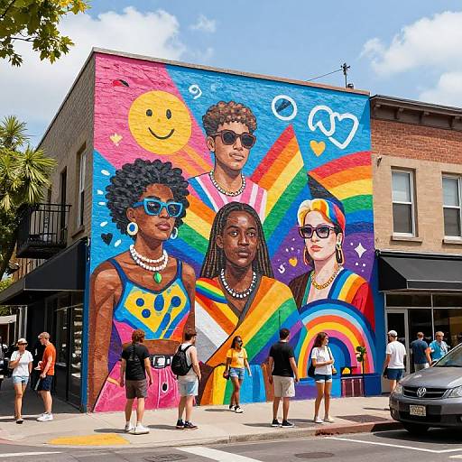 Vibrant street mural featuring four diverse individuals with colorful outfits and accessories, rainbow, smiley face, hearts, and sunglasses on a brick building.