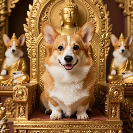 Photograph of a smiling Corgi with tan and white fur sitting on an ornate golden throne, flanked by two gold Buddha statues.