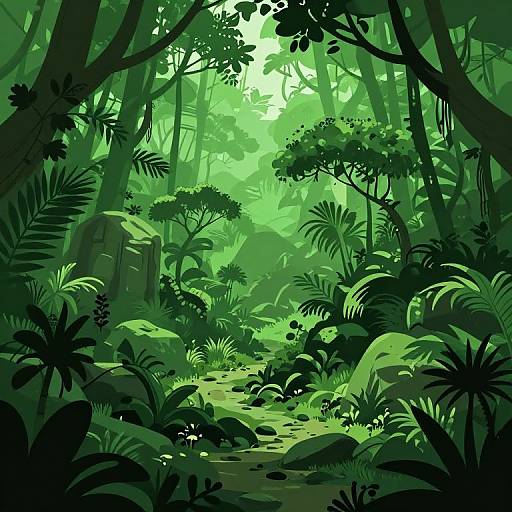 Digital illustration of a lush, green jungle with dense foliage, towering trees, and a rocky path winding through the underbrush. Light filters through the canopy