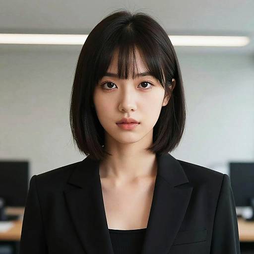 Photograph of an Asian woman with straight black bob haircut, wearing a black blazer, standing in a brightly lit office with blurred computers in the background