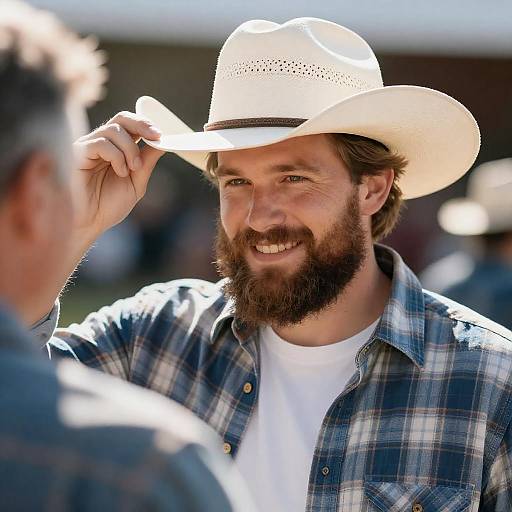 Bearded Man Adjusting White Cowboy Hat
