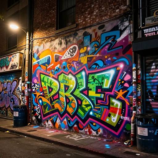 Vibrant street graffiti mural with colorful, neon-accented tags on a brick wall at night, illuminated by a streetlamp. Urban alley setting